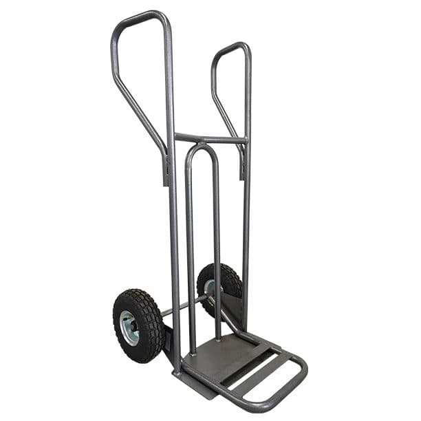 Diable acier tablier incurvé poignée fermée 250 kg roues caoutchouc noir, bavette rabattable
