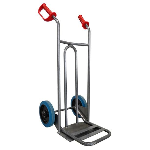 Diable acier tablier incurvé poignée ouverte 250 kg roues gonflables, bavette rabattable